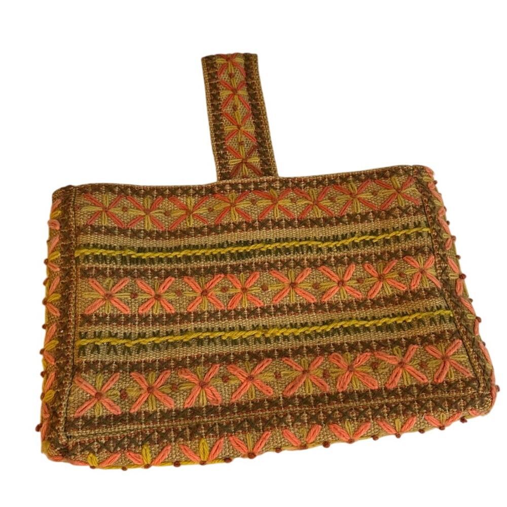Vintage Embroidered Burlap Jute Purse Boho Beach Crewel Hippie Multicolor